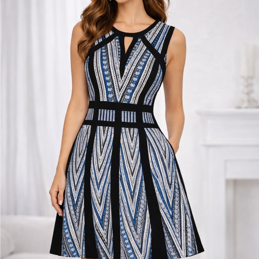 NWT BCBGMAXAZRIA Perla Fit & Flare Mini Dress Blue Black Geometric Size 12 $298